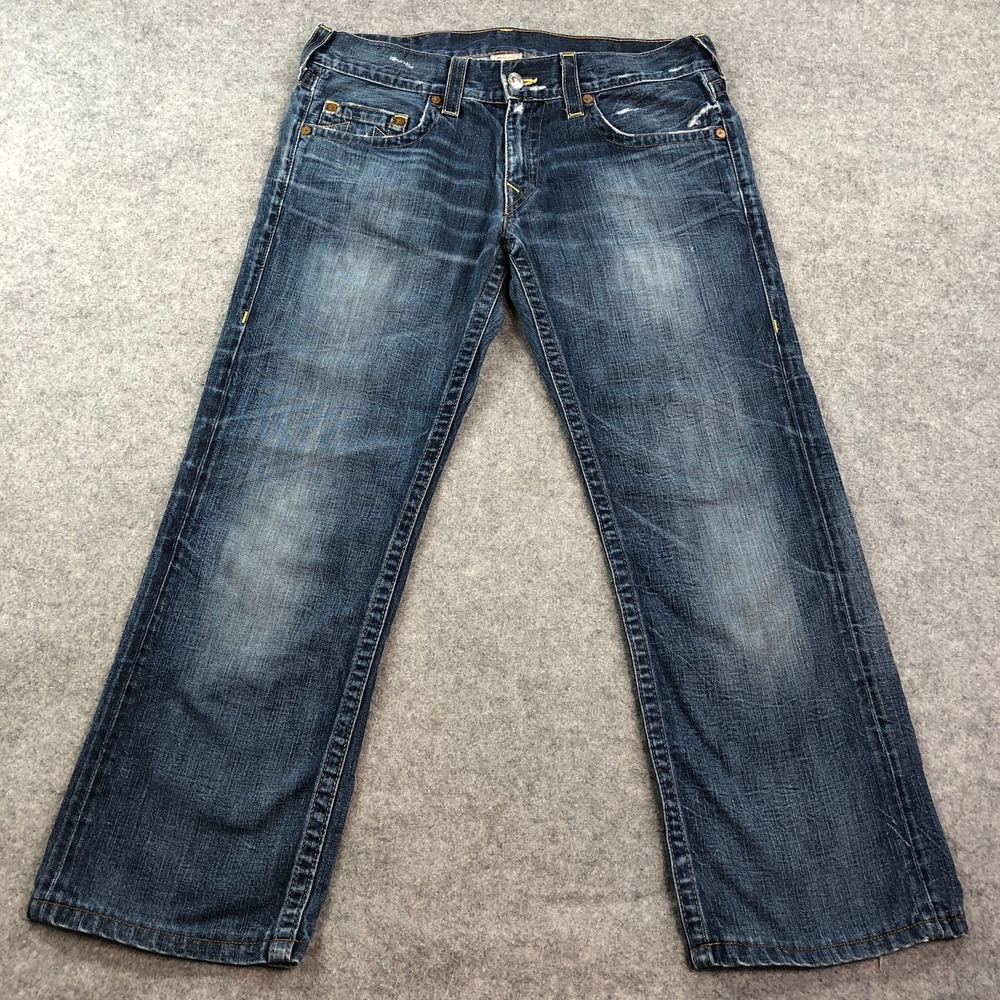 True Religion Mens Straight Leg Jeans 36 Blue Distressed Whiskered Faded